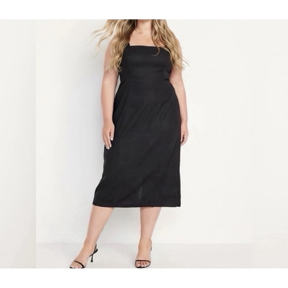 OLD NAVY‎ Size 2X Linen Blend Square Neck Sheath Midi Dress Black Classic